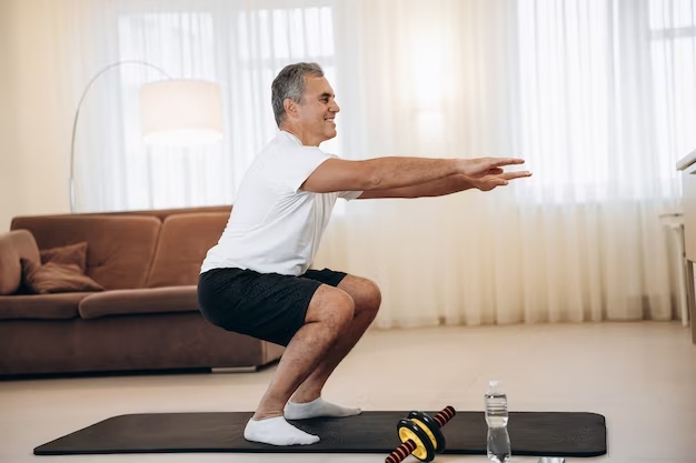 Homem realizando agachamento funcional em casa